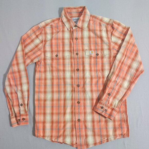 Carhartt button down shirt men's size S orange colour plaid pattern - Picture 1 of 11